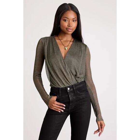Lulus Tops - NWT Lulus Kenni Dark Bronze Lurex Sheer Surplice Bodysuit L